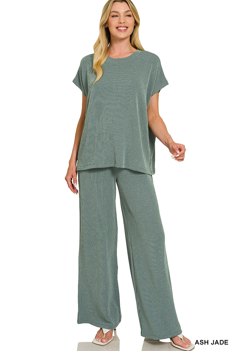 Zenana-RAISED RIB RELAXED TOP & PANTS SET