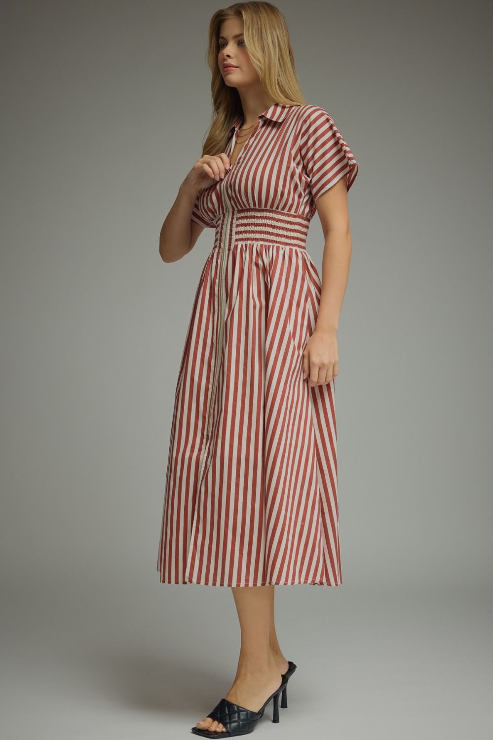 Entro-Stripe short sleeve midi dress featuring smocked waist detail.