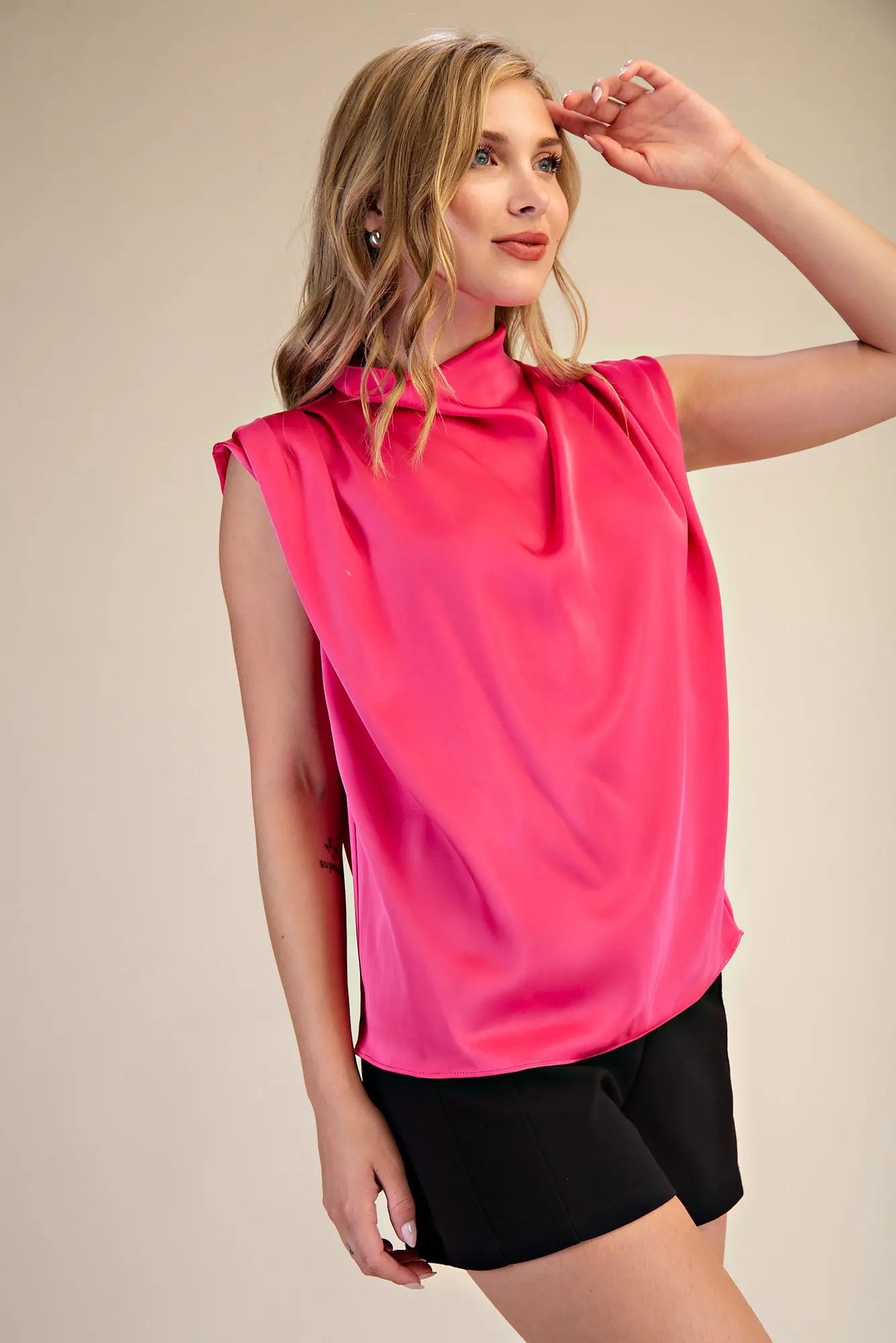 Cowl Neck Pleats Sleeveless Top