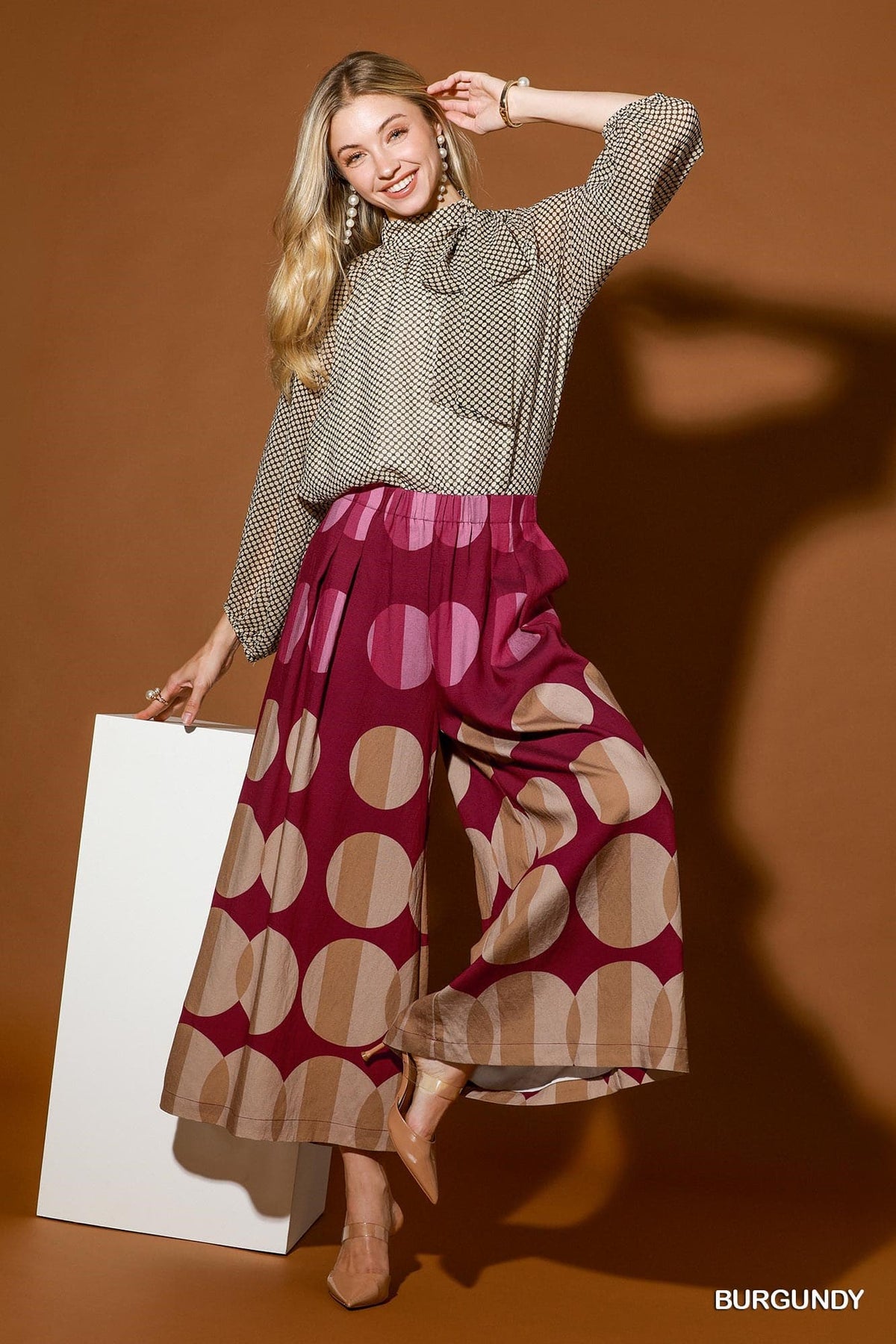 Umgee-Oversized Dot Print Wide Leg Pants