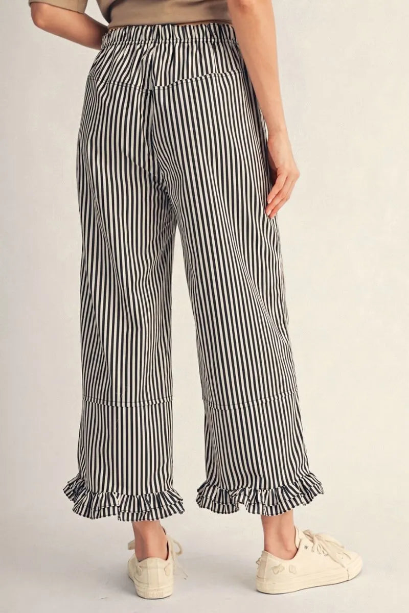 Jodifl-Wide leg stripe casual pants with ruffle hem.