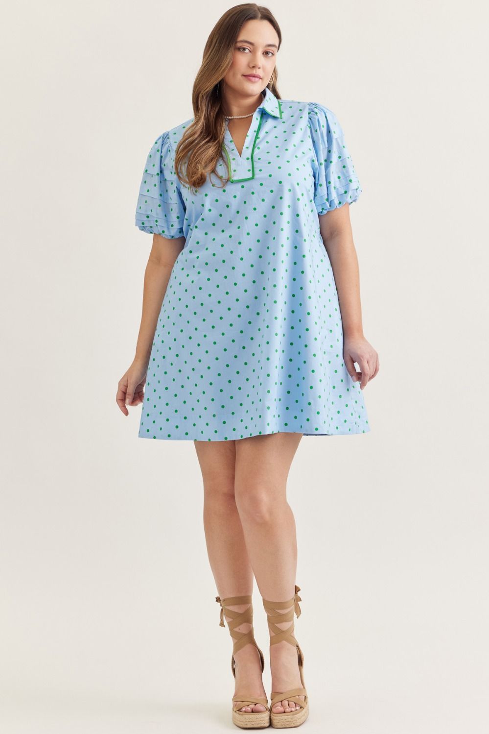 Plus Size Entro Polka dot short puff sleeve mini dress.