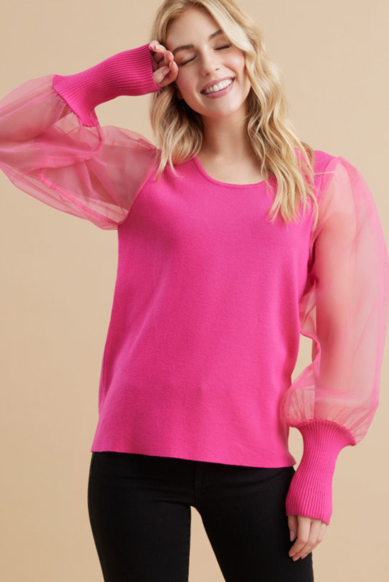 BB-Hot Pink Sheer Sleeve Top