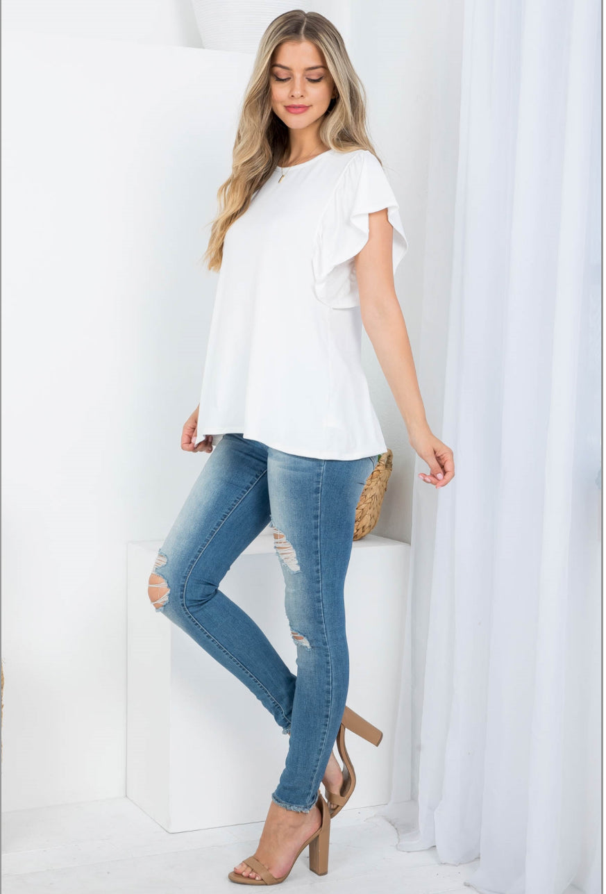 Flutter Sleeve Round Neck Solid Top - Ivory