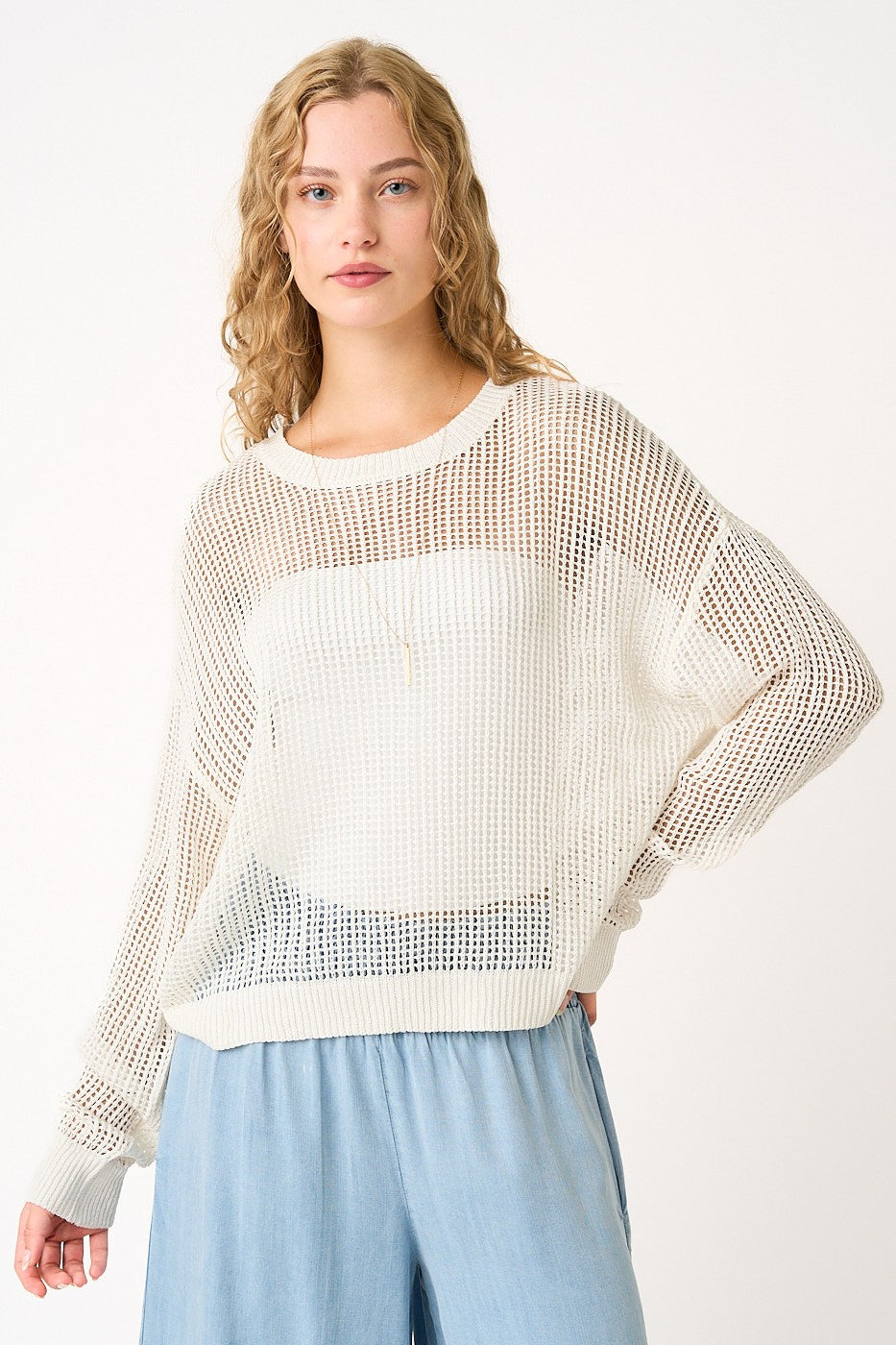 Loose fit drop shoulder open knit sweater