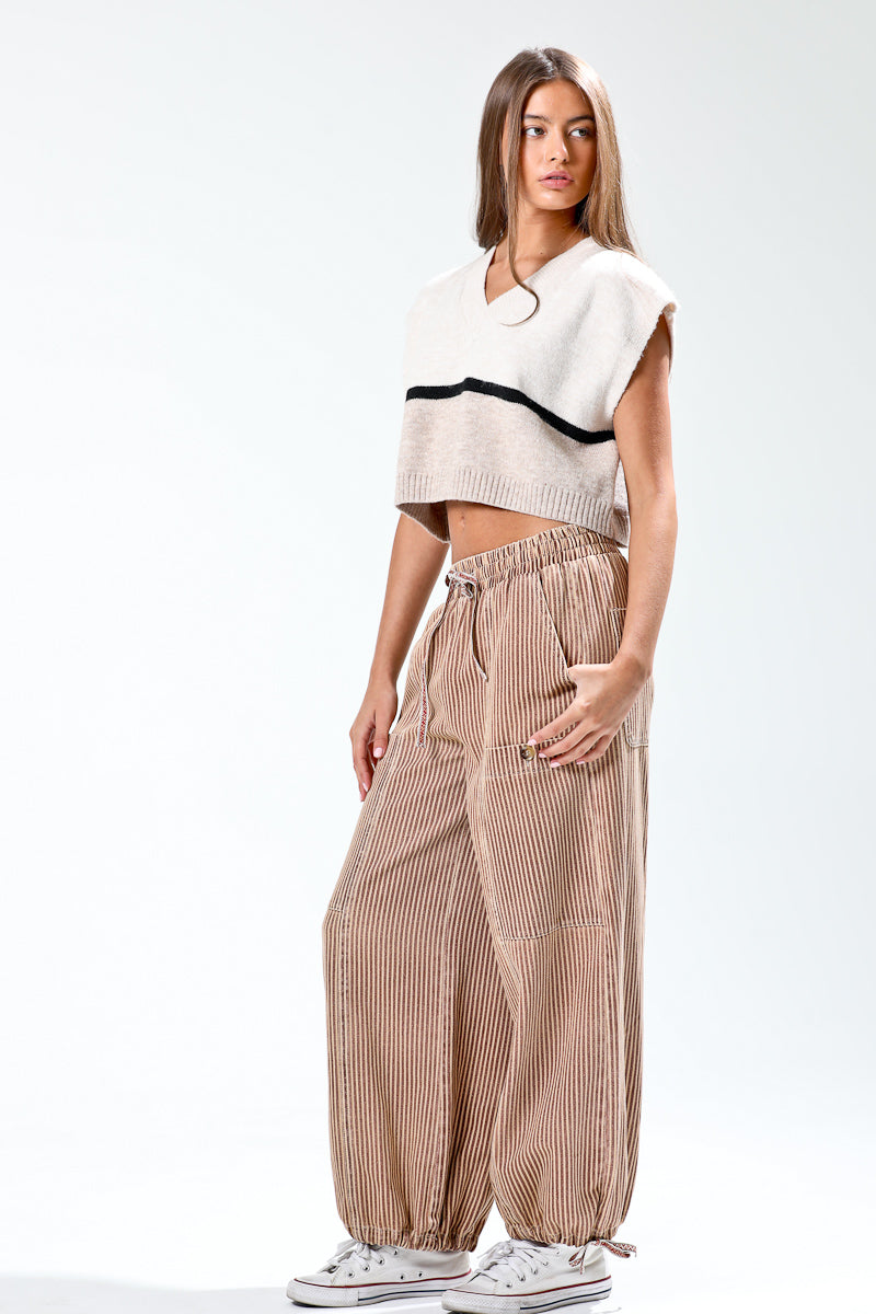 Vintage washed stripe pants with elastic waist