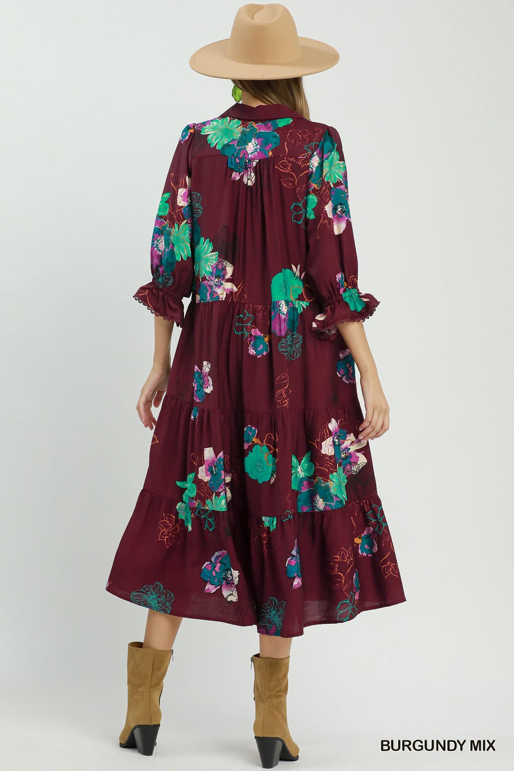 Umgee-Floral Print Tiered Midi Dress with Puff Sleeves