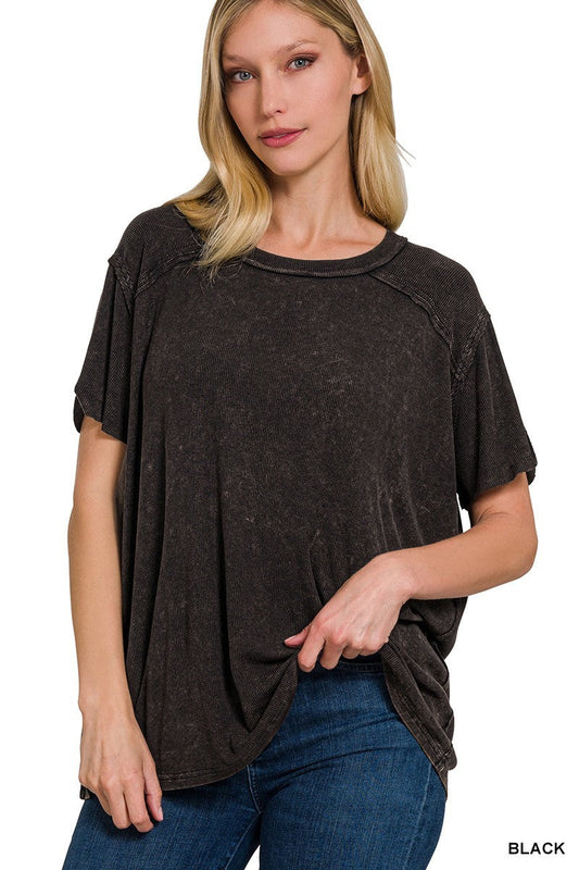 Black • Washed Ribbed Boat Neck Top