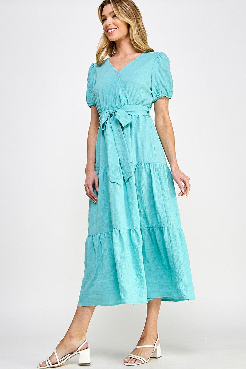 Surplice Neck Waist Tie Midi Dress