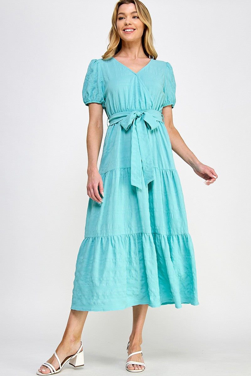 Surplice Neck Waist Tie Midi Dress