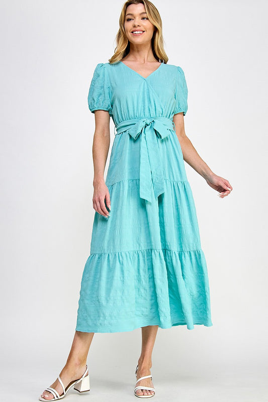 Surplice Neck Waist Tie Midi Dress