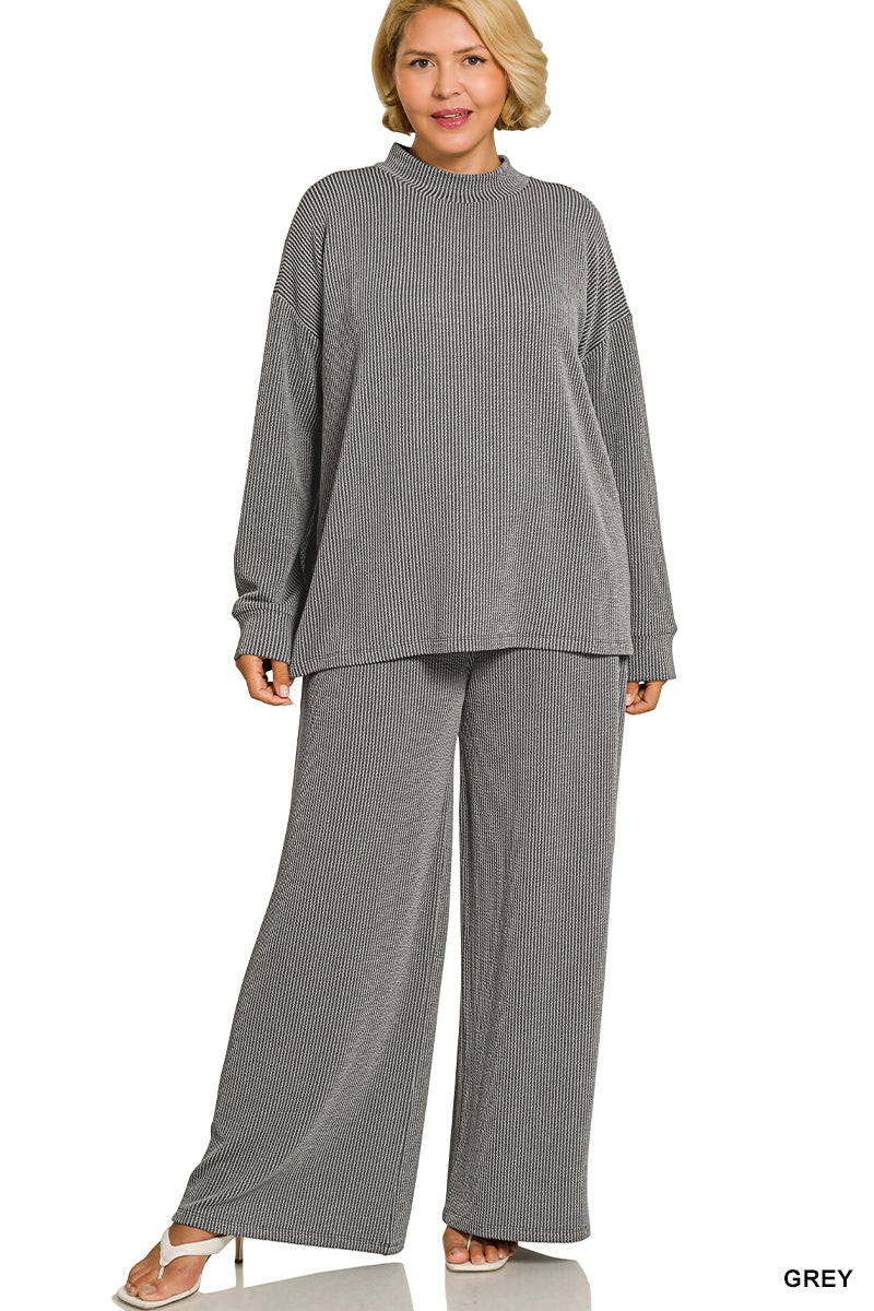 Zenana-PLUS RAISED RIB MOCK NECK LONG SLEEVE TEE & PANTS SET