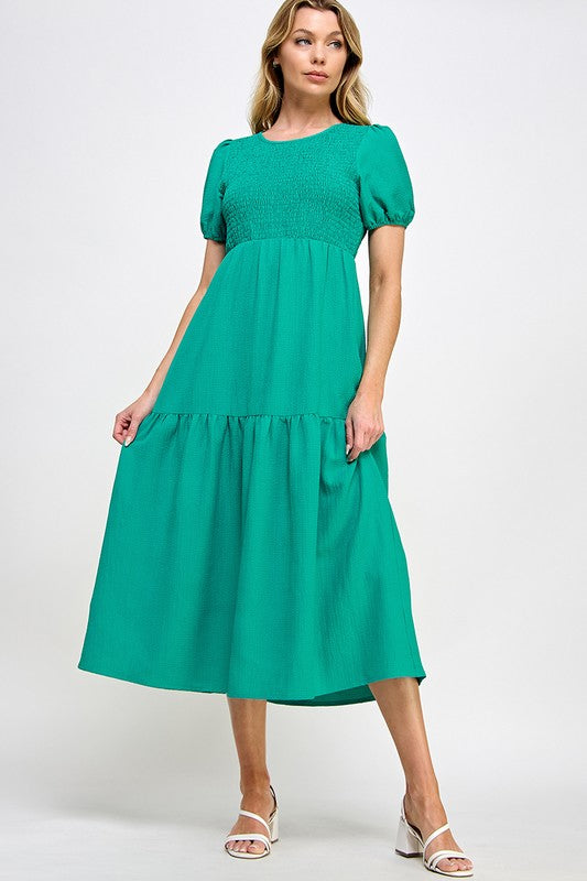 Puff Sleeves Tiered Midi Dress-Green