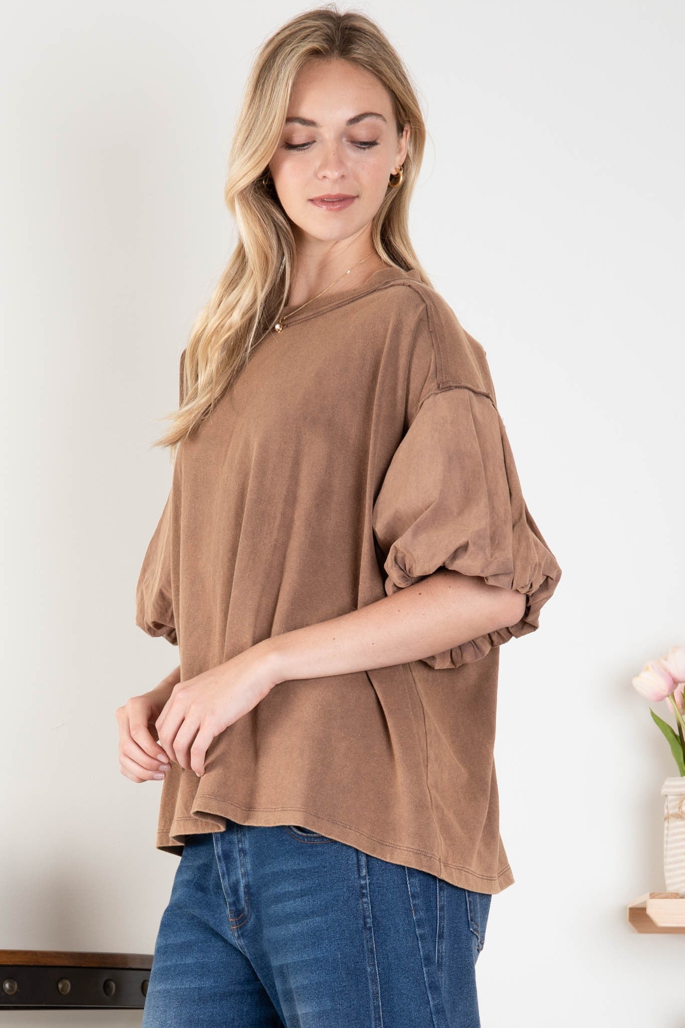 Washed Raw Edge Bubble Sleeve Top