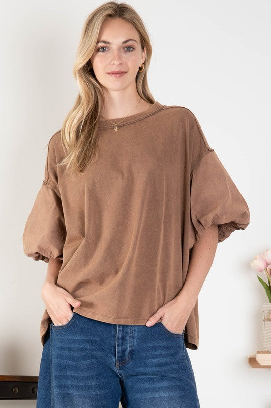 Washed Raw Edge Bubble Sleeve Top