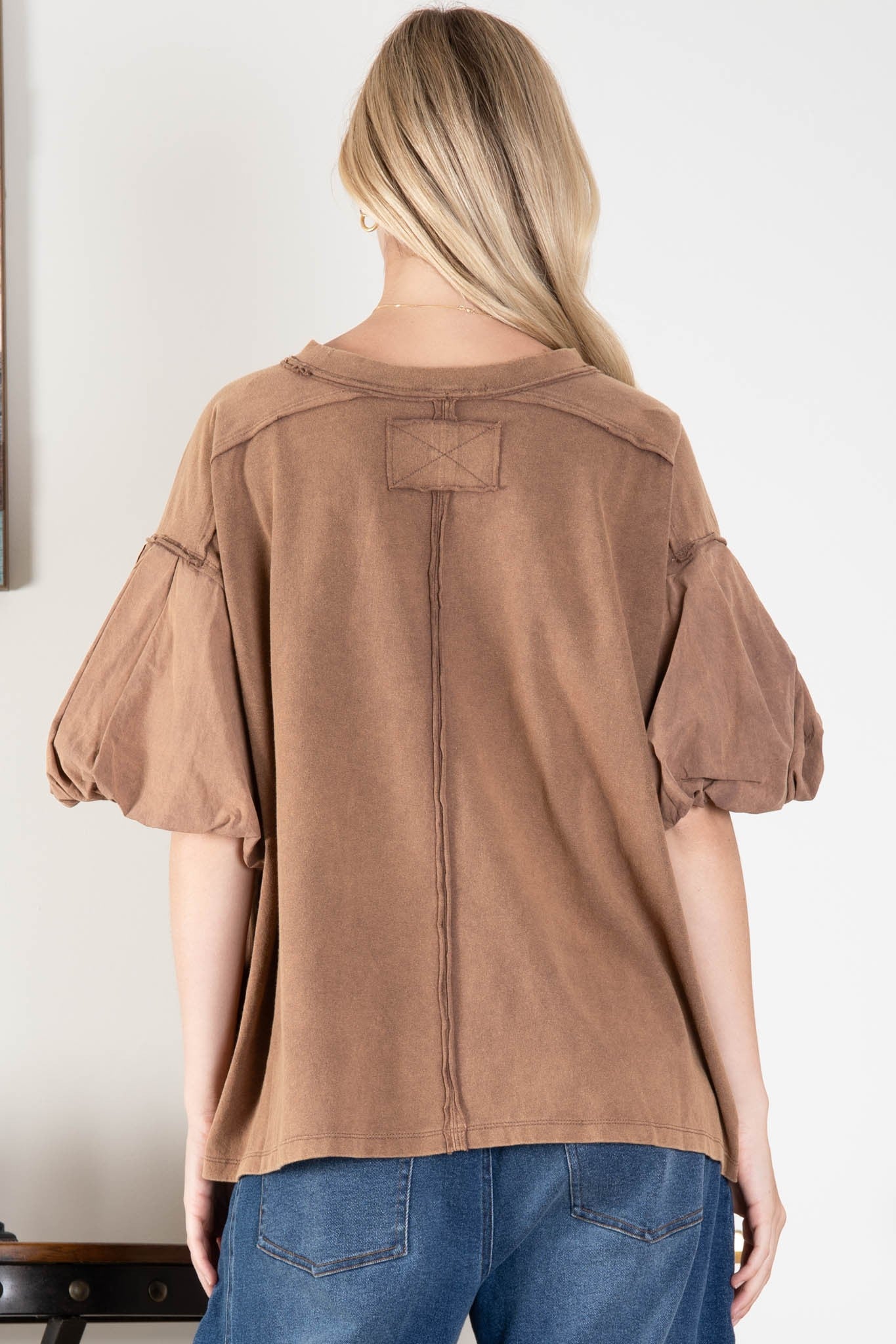 Washed Raw Edge Bubble Sleeve Top