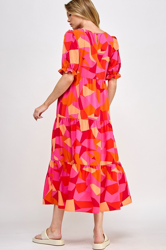 Geometric Pattern Puff Sleeves Dress