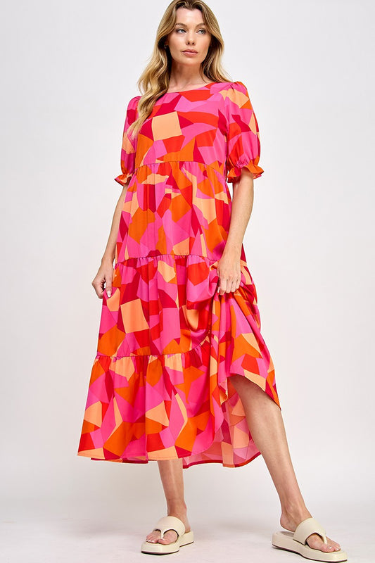 Geometric Pattern Puff Sleeves Dress