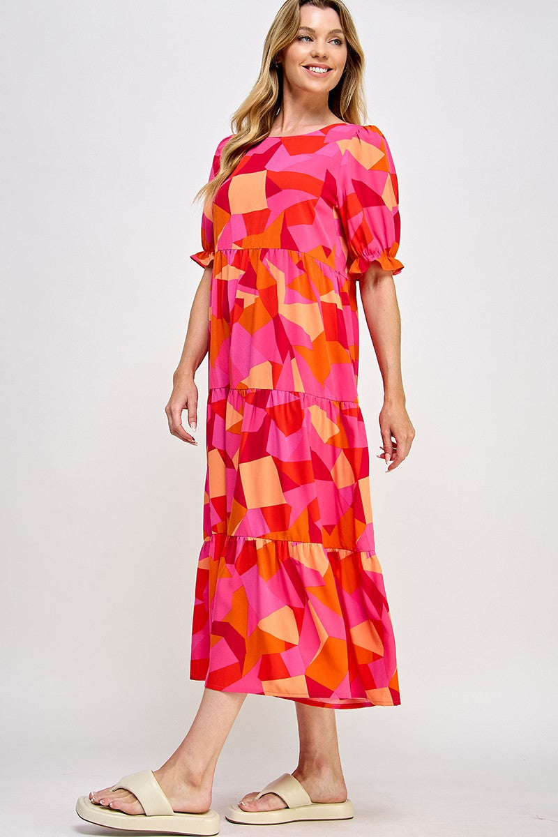 Geometric Pattern Puff Sleeves Dress