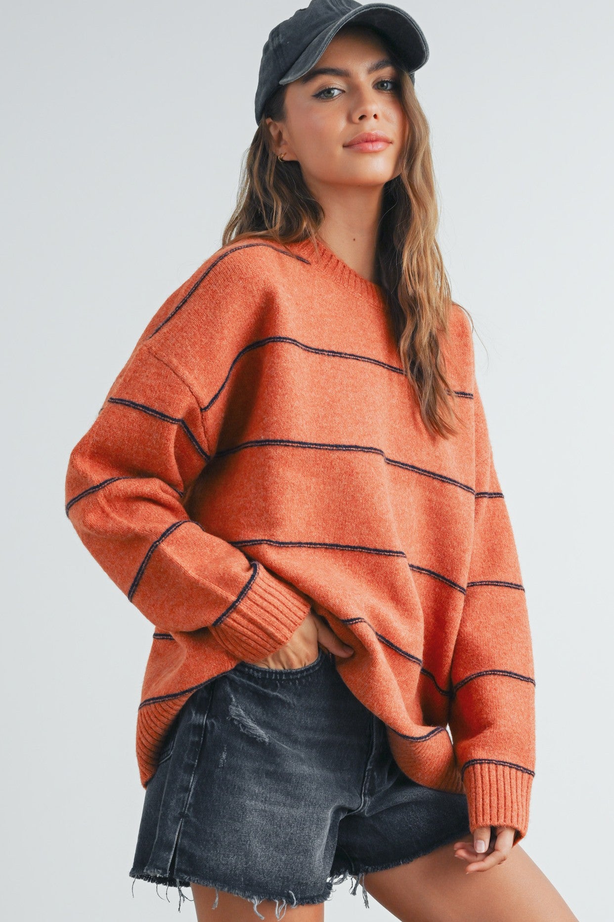 Striped Pattern Drop Shoulder Sweater