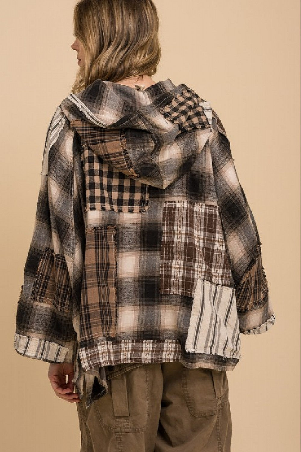 Flannel Patchwork 3/4 Sleeve Pullover Hoodie