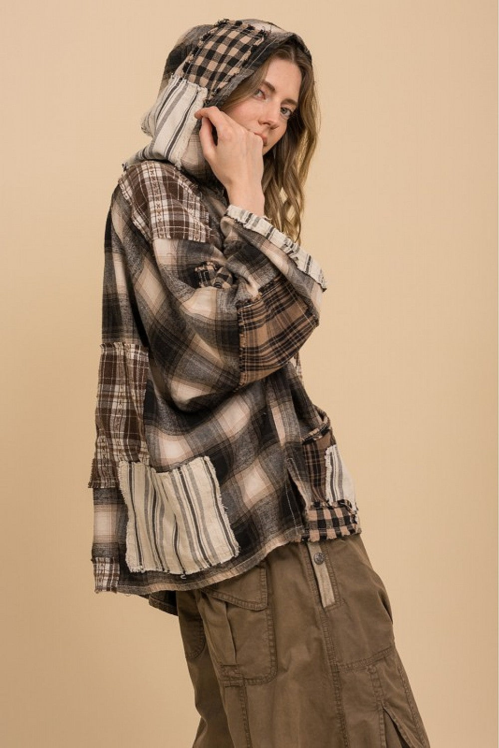 Boho patchwork pullover hoodie in washed cotton fabric
