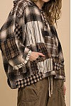 Flannel patchwork oversized pullover hoodie with 3/4 raglan sleeves