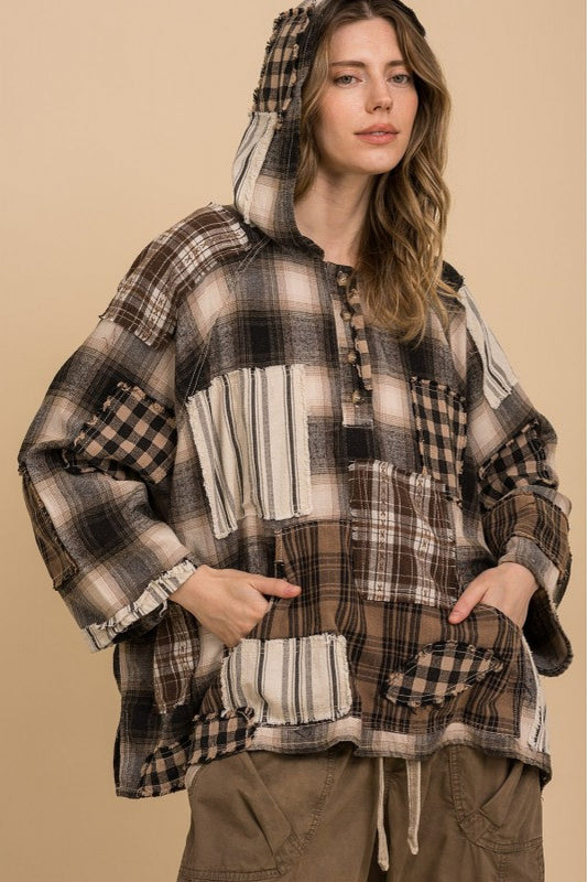 Flannel Patchwork 3/4 Sleeve Pullover Hoodie