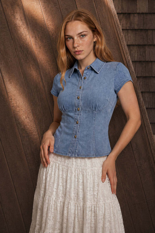 Blu Pepper-COLLARED BUTTON DOWN CINCHED WAIST DENIM TOP