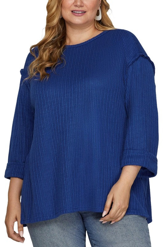 Plus 3/4 Folded Sleeve Knit Top