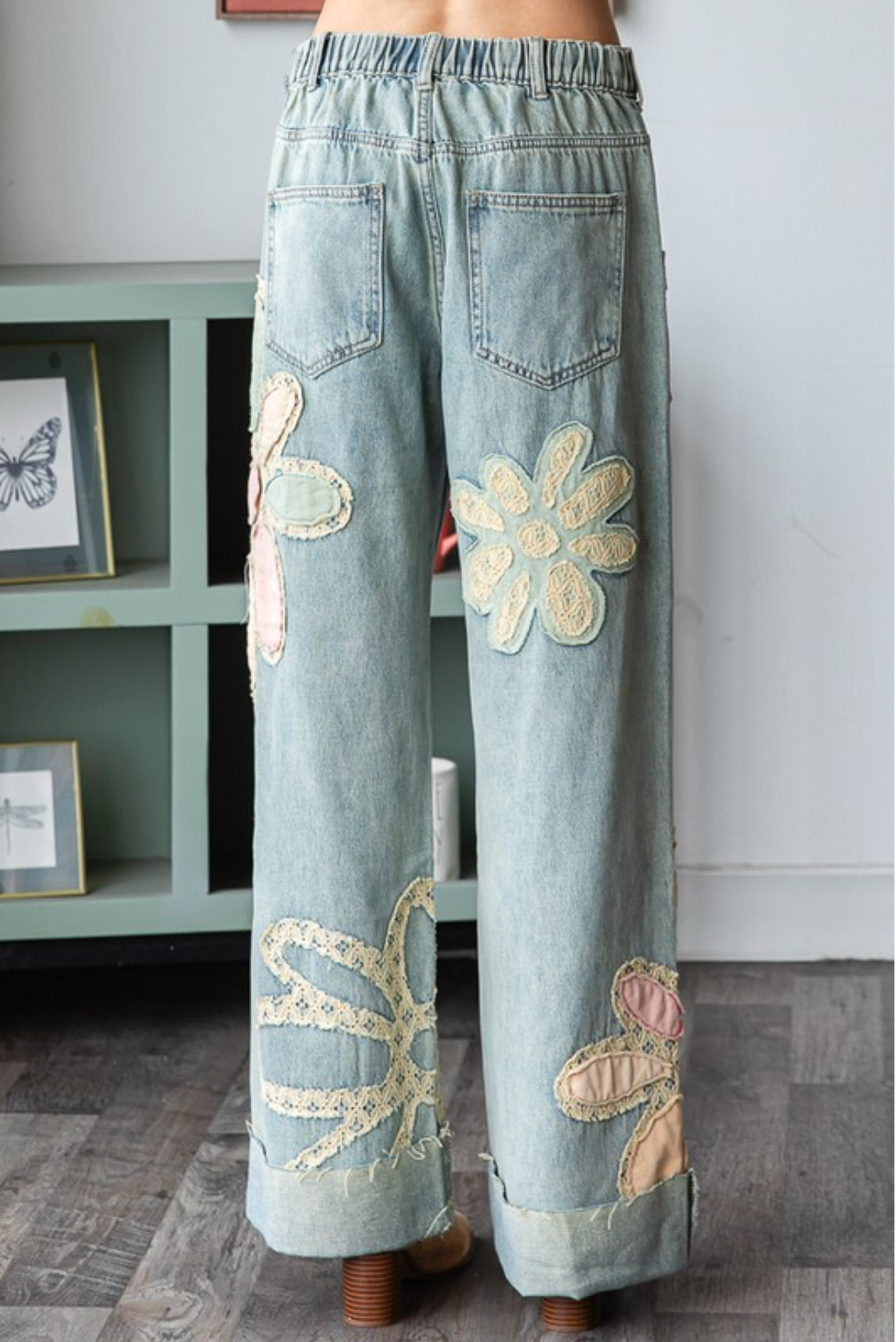 Washed Flower Patch Denim Jeans