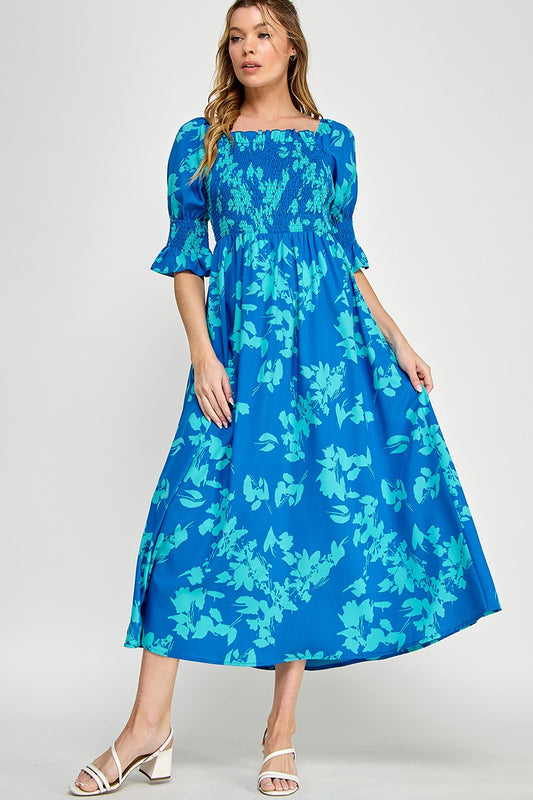 Leaf Print Shirred A Line Maxi Dress