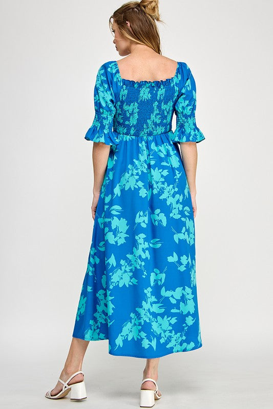 Leaf Print Shirred A Line Maxi Dress
