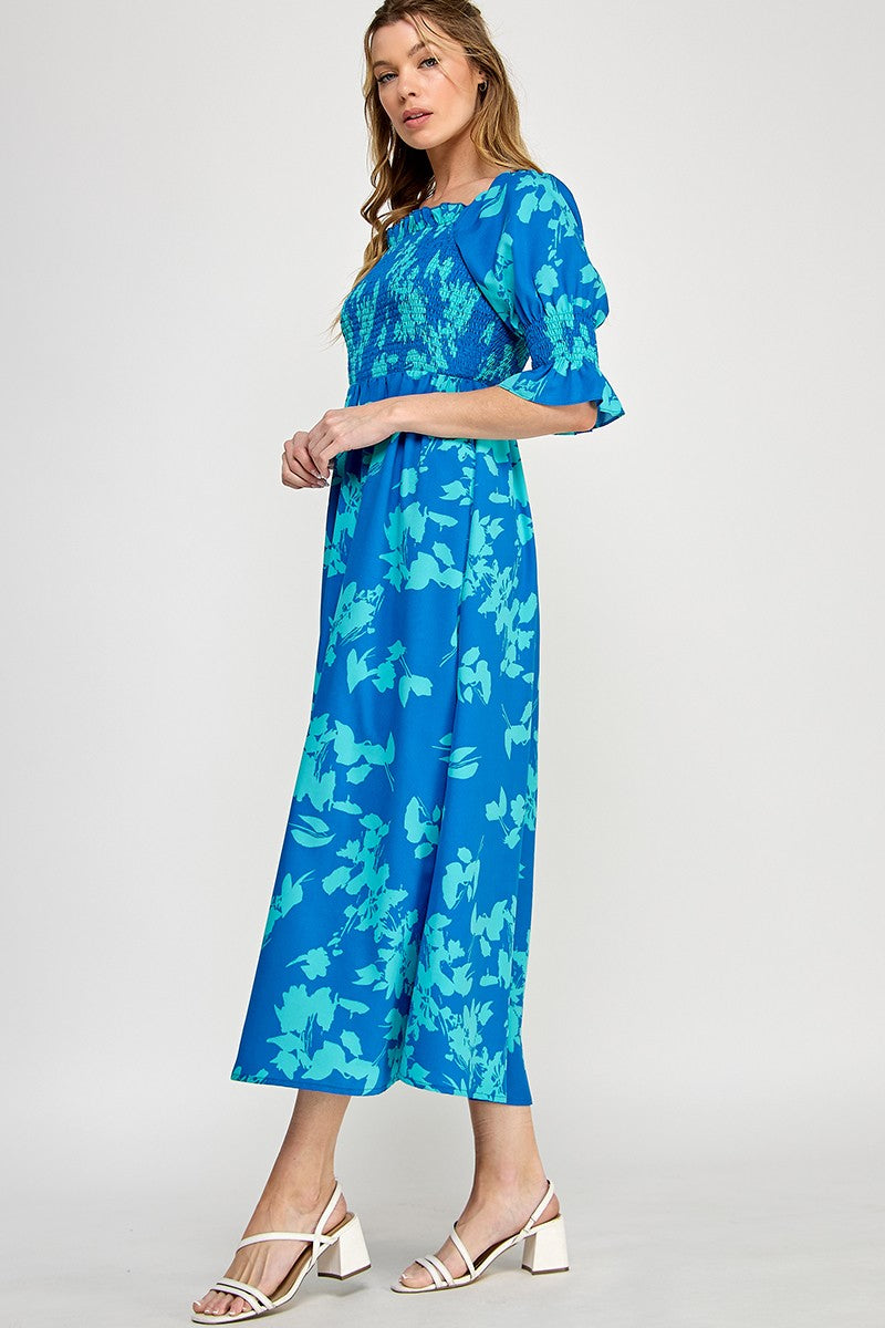 Leaf Print Shirred A Line Maxi Dress