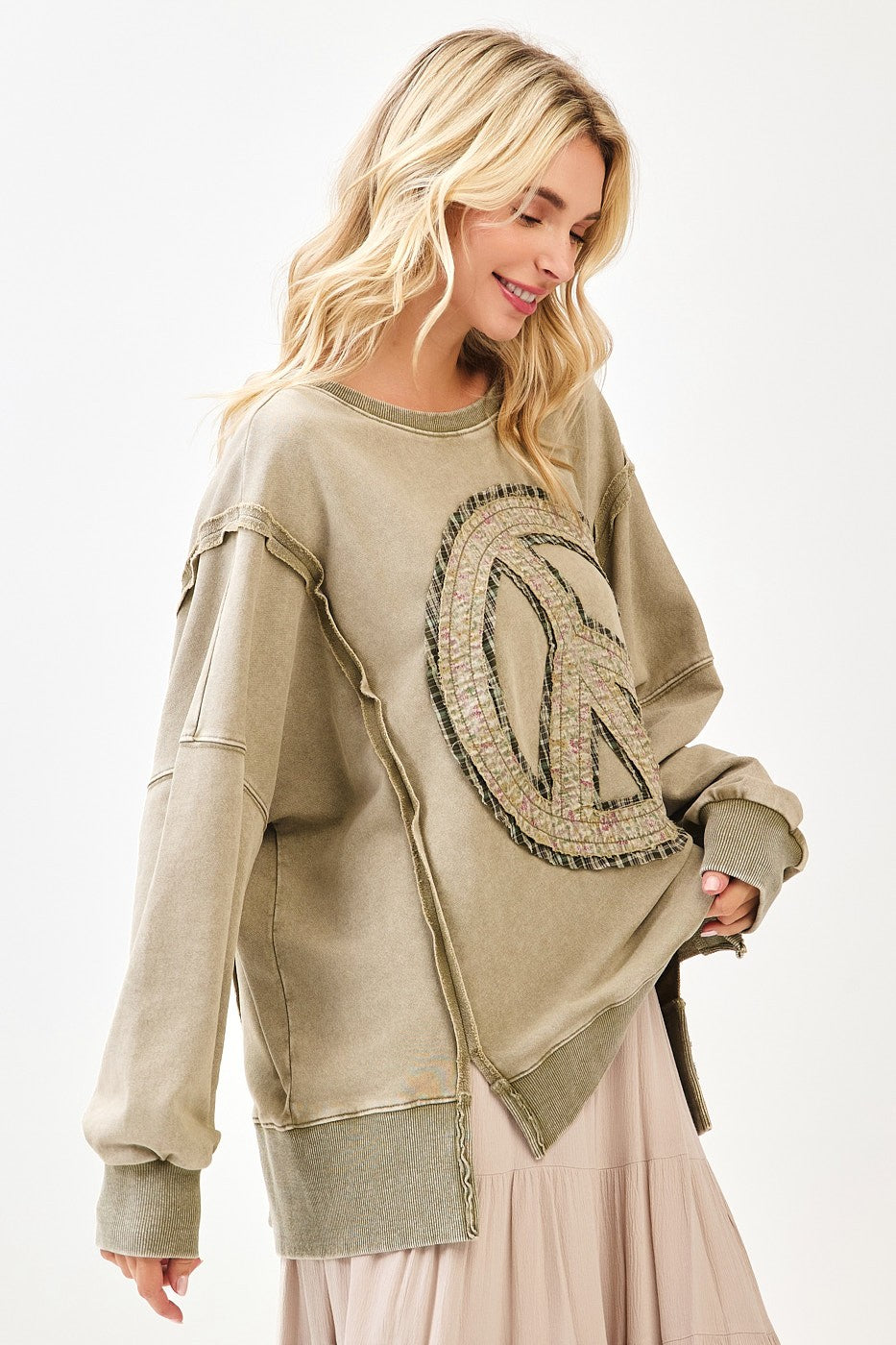 Boho vintage peace sign pullover with step hem