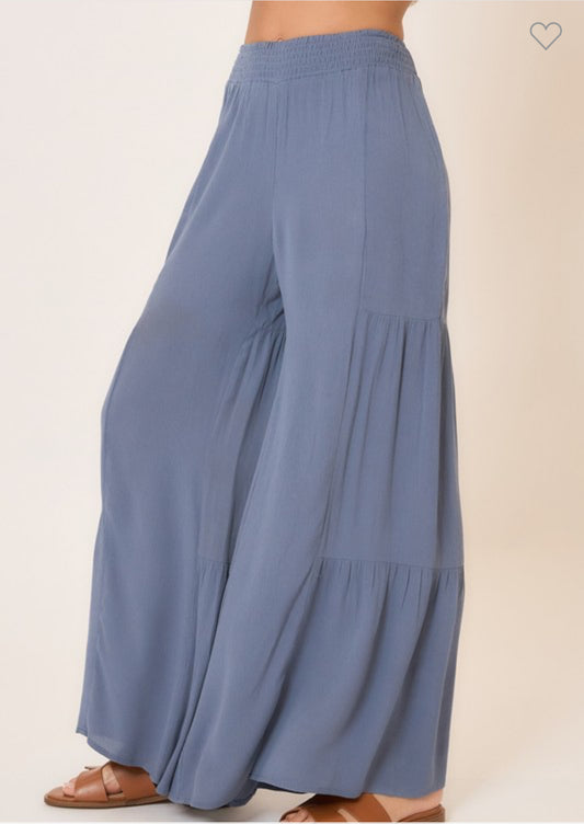 Smocked Waist Tiered Wide Leg Pants with Pockets