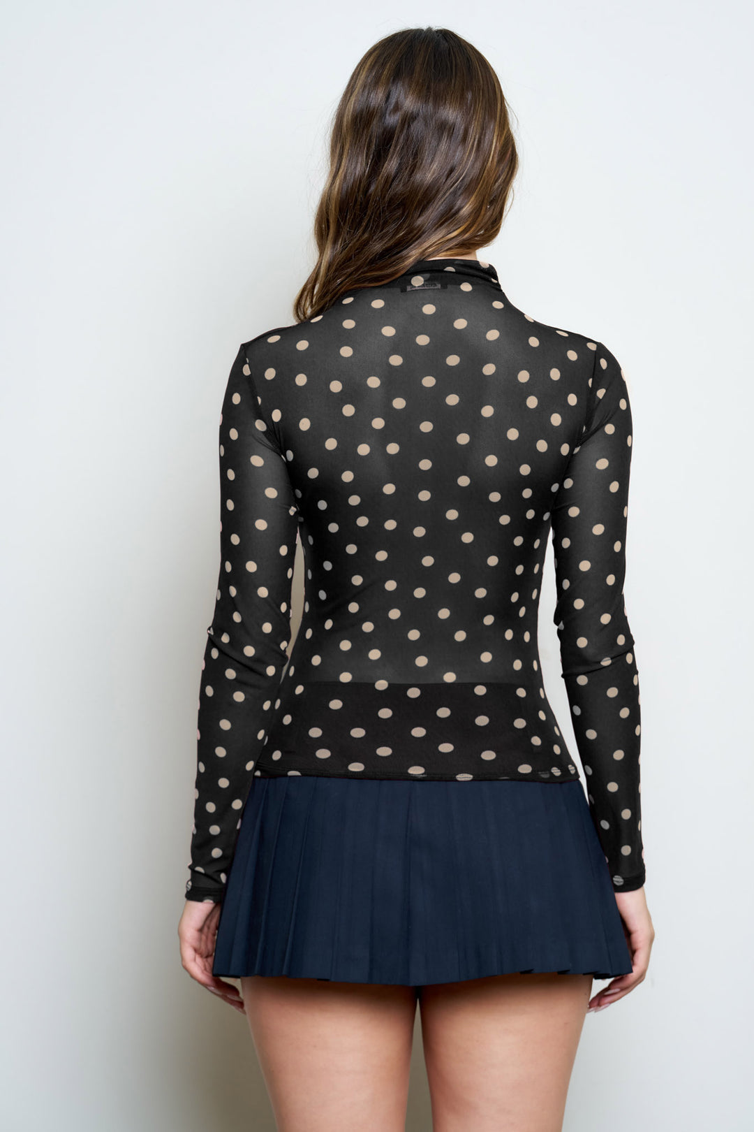 Blu Pepper-POLKA DOT MESH MOCK NECK LONG SLEEVE KNIT TOP