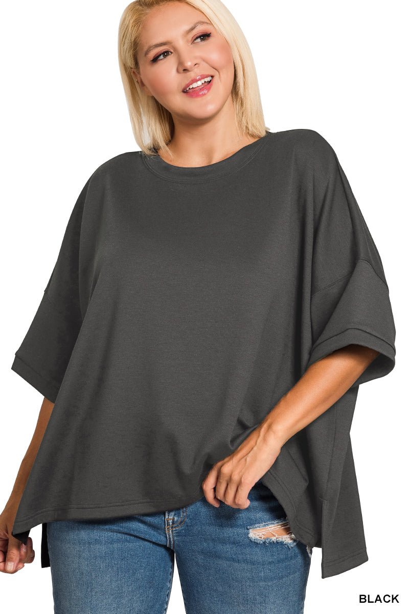 Plus Size- Zenana- PLUS SCUBA ROUND NECK TOP WITH SIDE SLITS