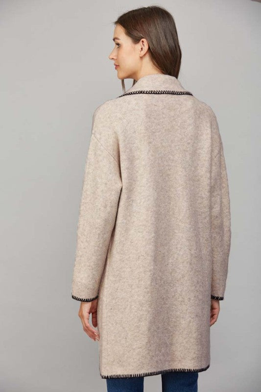 Contrast Whipstitch Notched Collar Open Cardigan