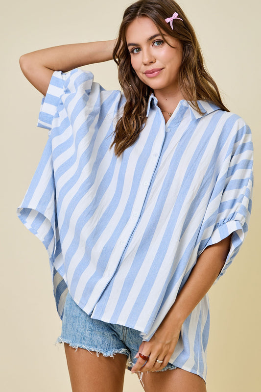 Light Blue Wide Stripe Oversized Button Down Top