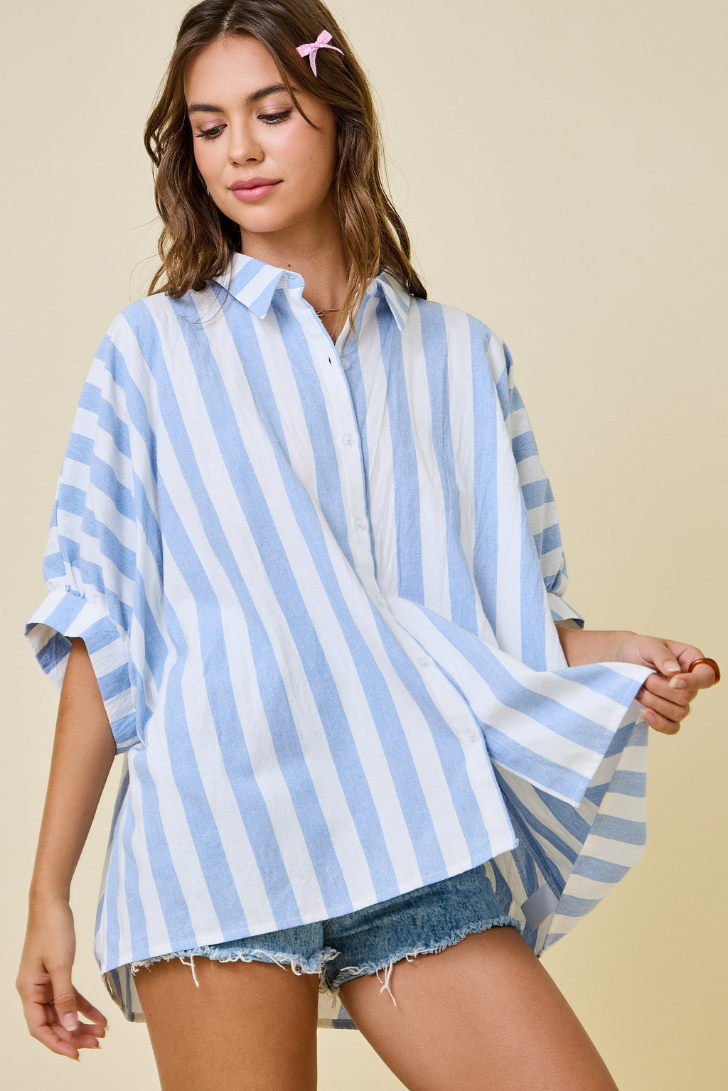 Light Blue Wide Stripe Oversized Button Down Top