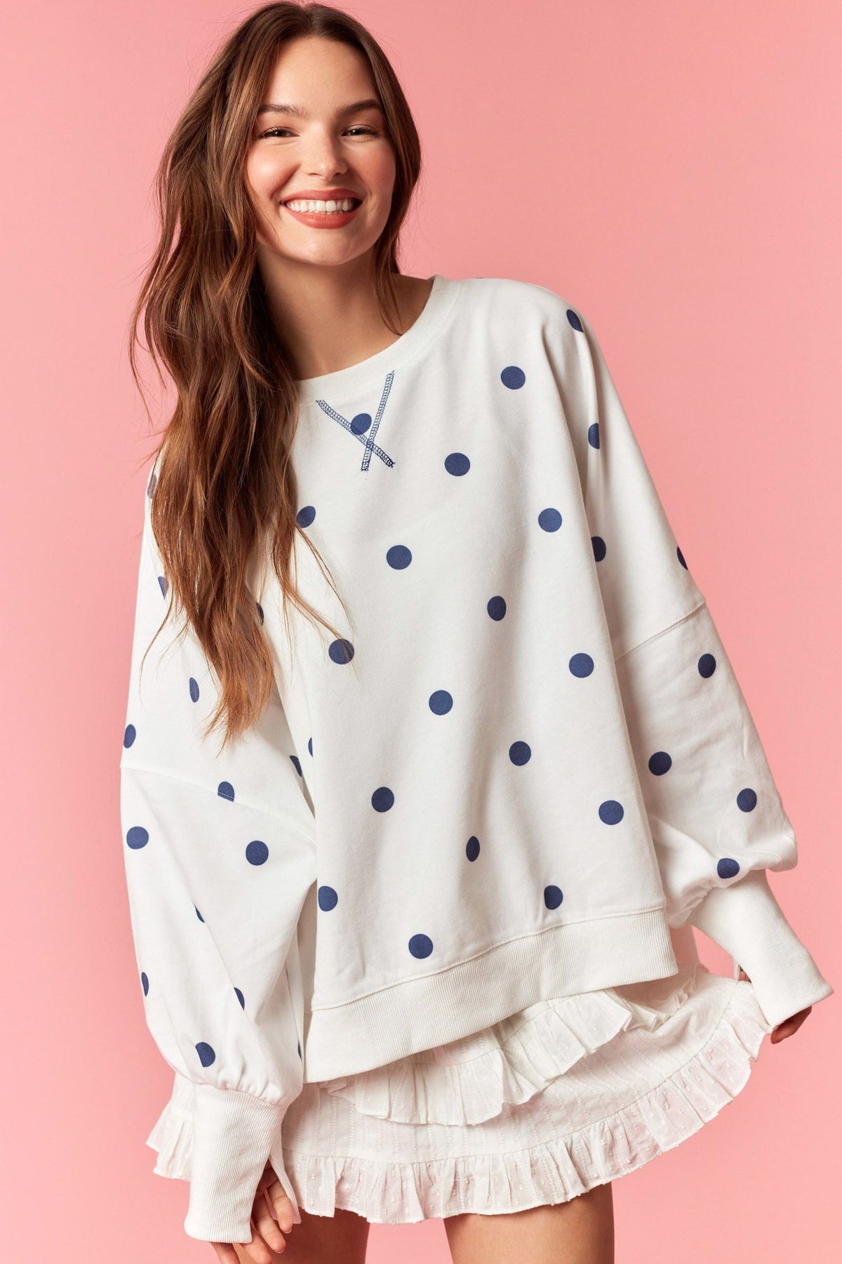 Off White & Blue Polkadot Oversized Crewneck Pullover