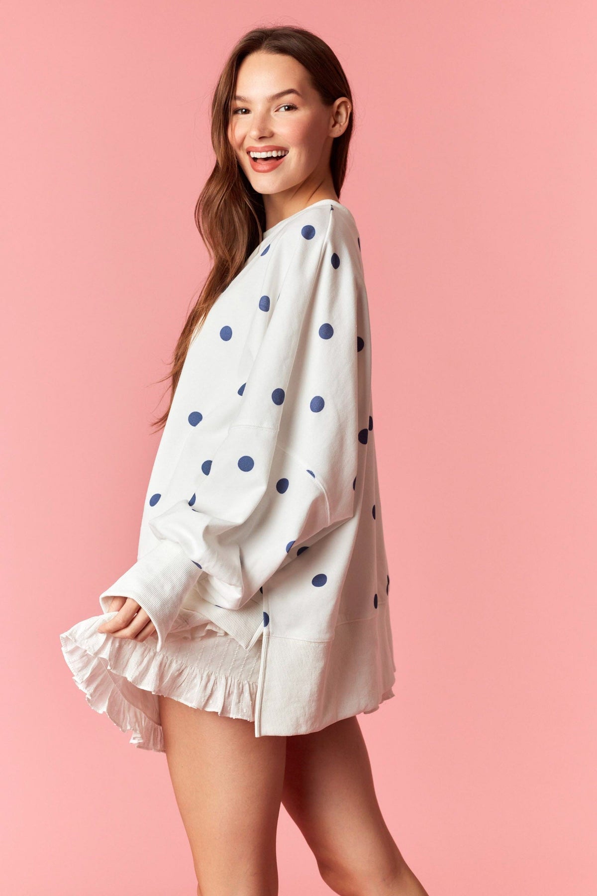 Off White & Blue Polkadot Oversized Crewneck Pullover