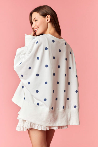 Off White & Blue Polkadot Oversized Crewneck Pullover