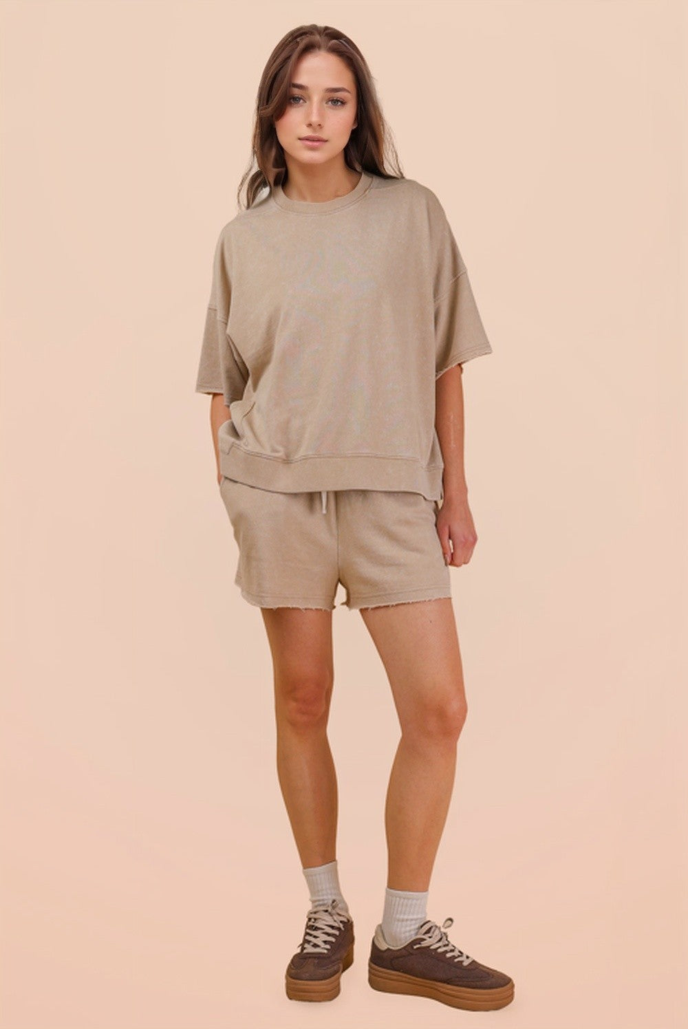 Beige • Mineral Wash Shirt/Shorts Set
