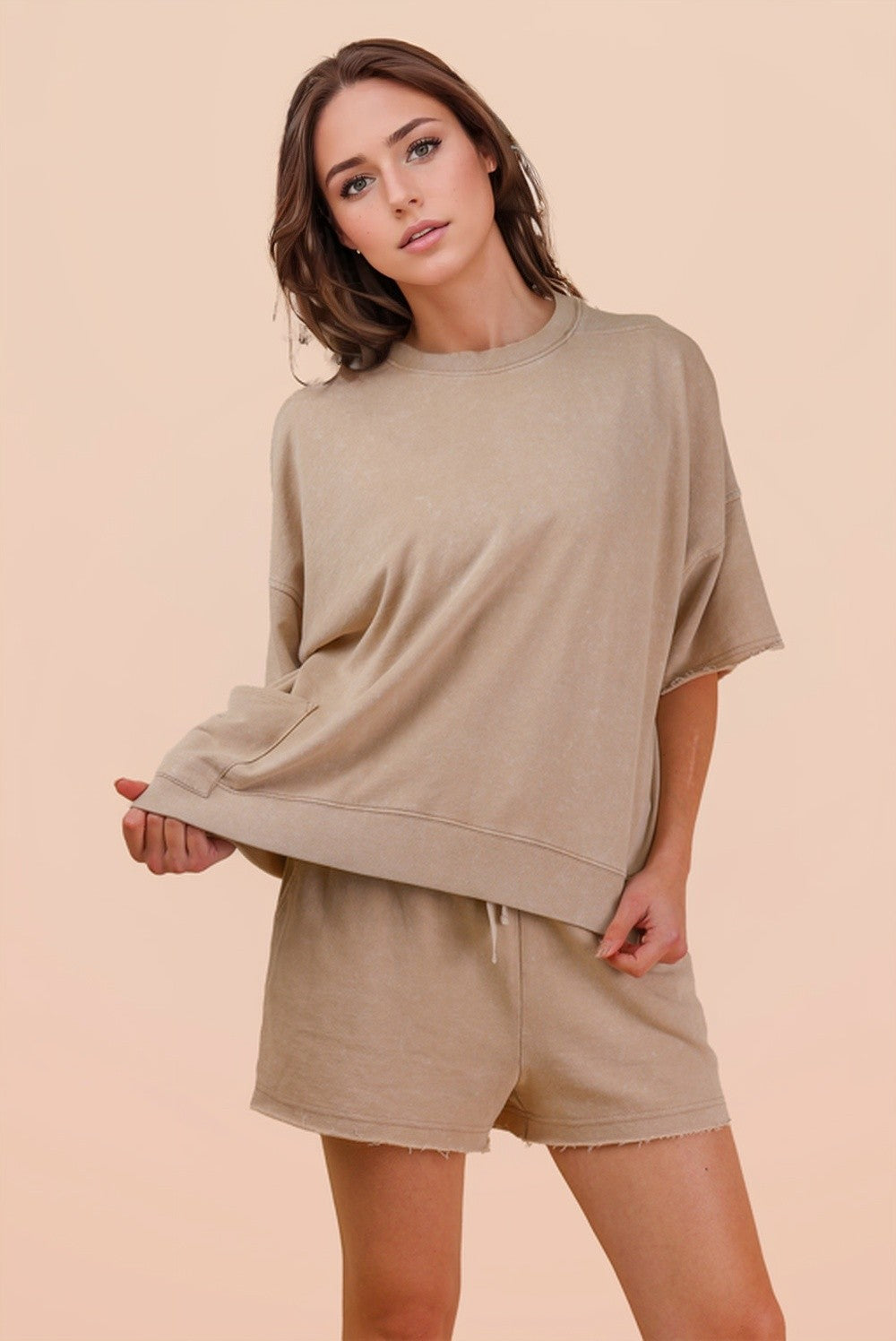 Beige • Mineral Wash Shirt/Shorts Set
