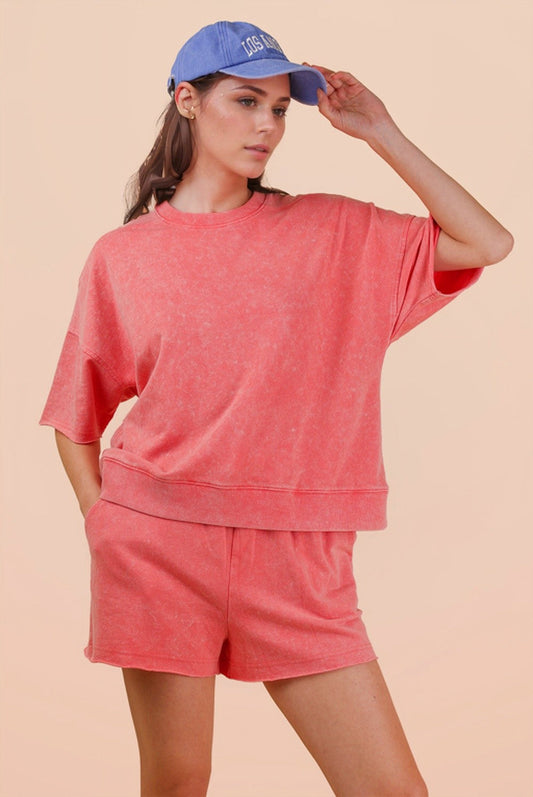 Coral • Mineral Wash Shirt/Shorts Set
