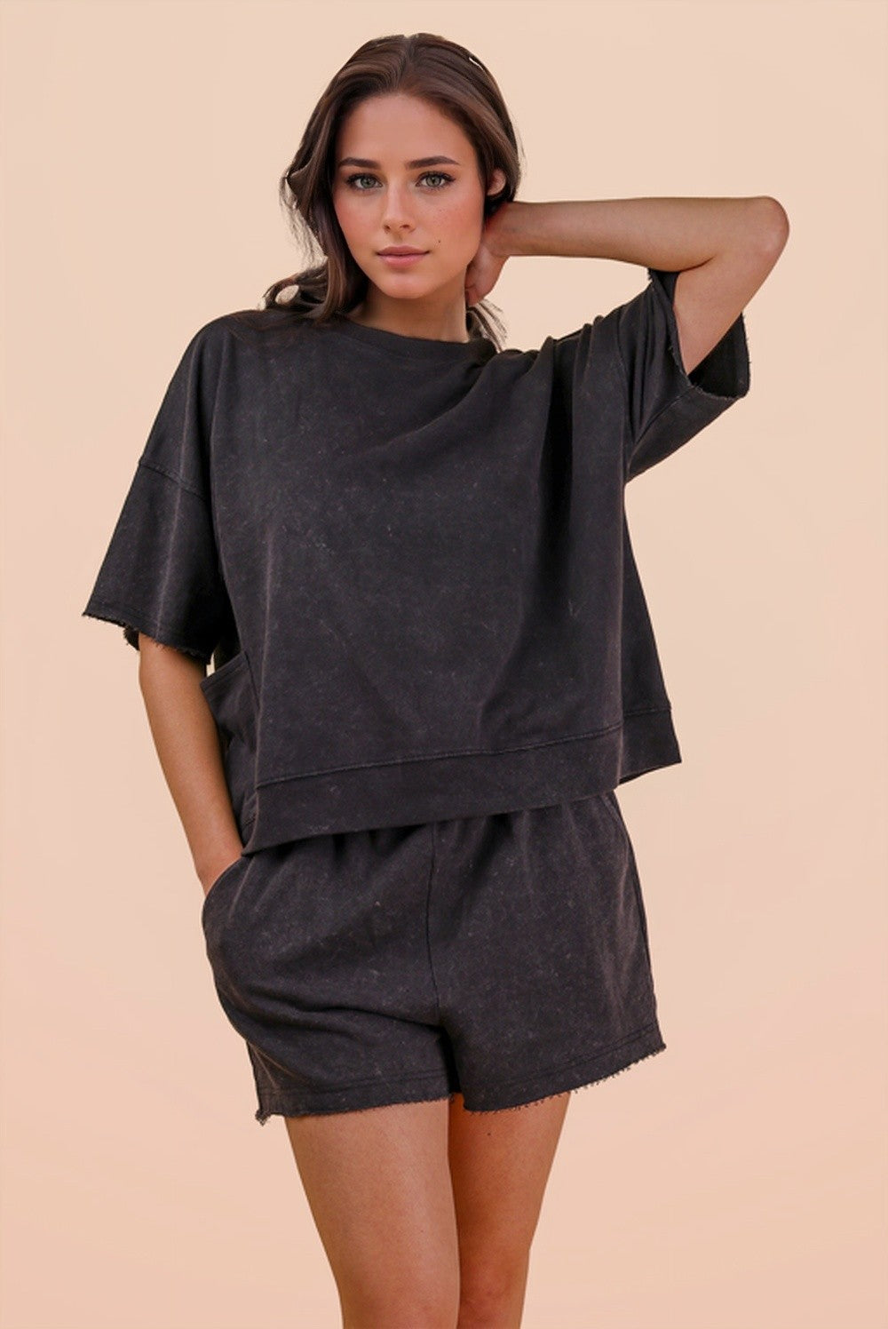 Black • Mineral Wash Shirt/Shorts Set