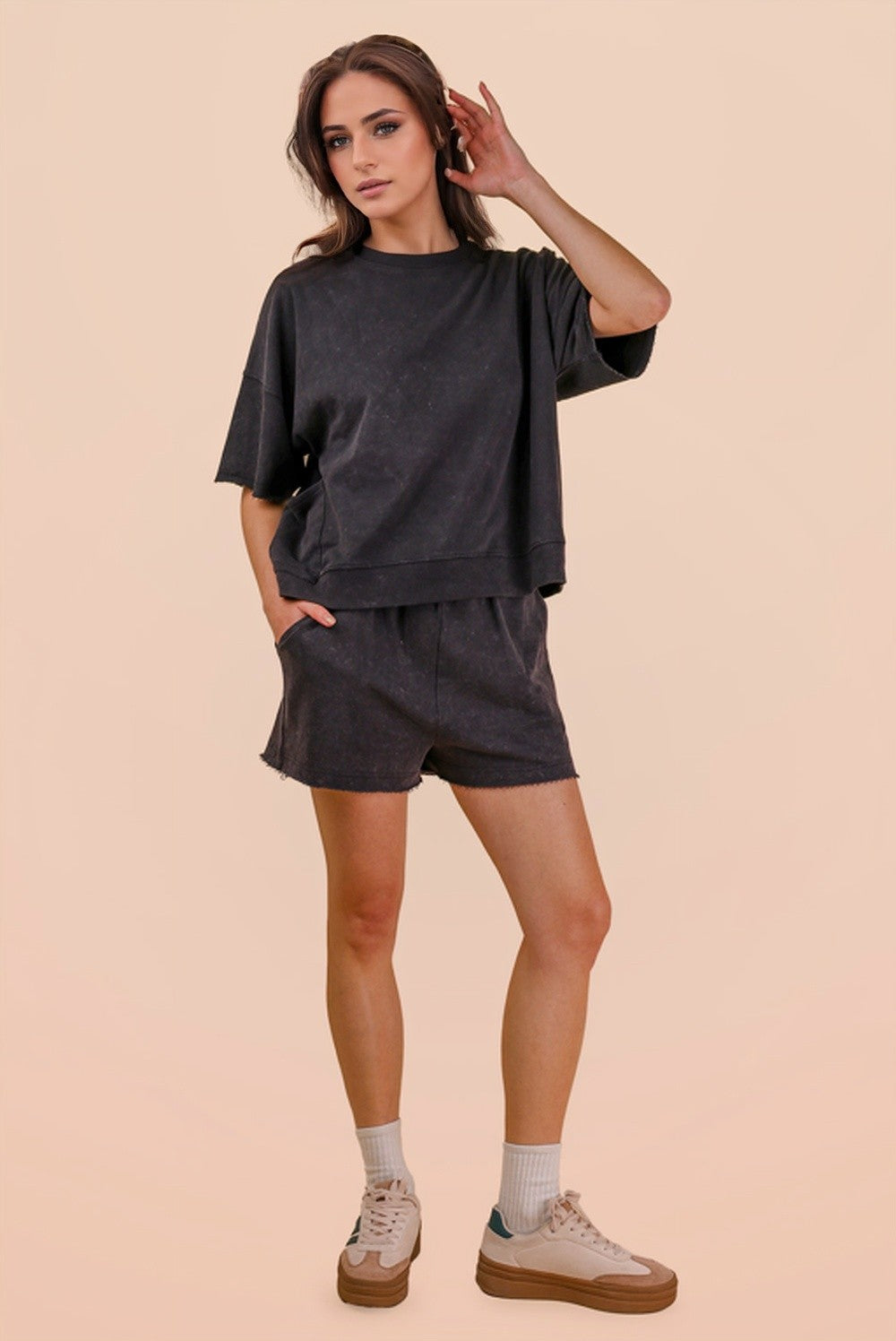 Black • Mineral Wash Shirt/Shorts Set