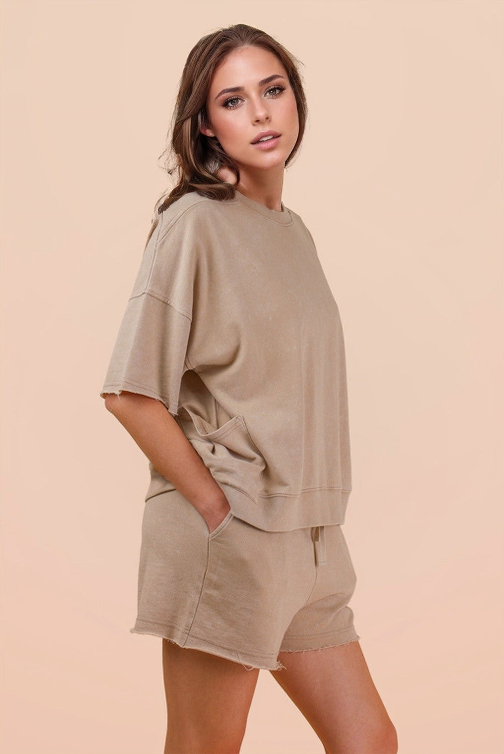 Beige • Mineral Wash Shirt/Shorts Set